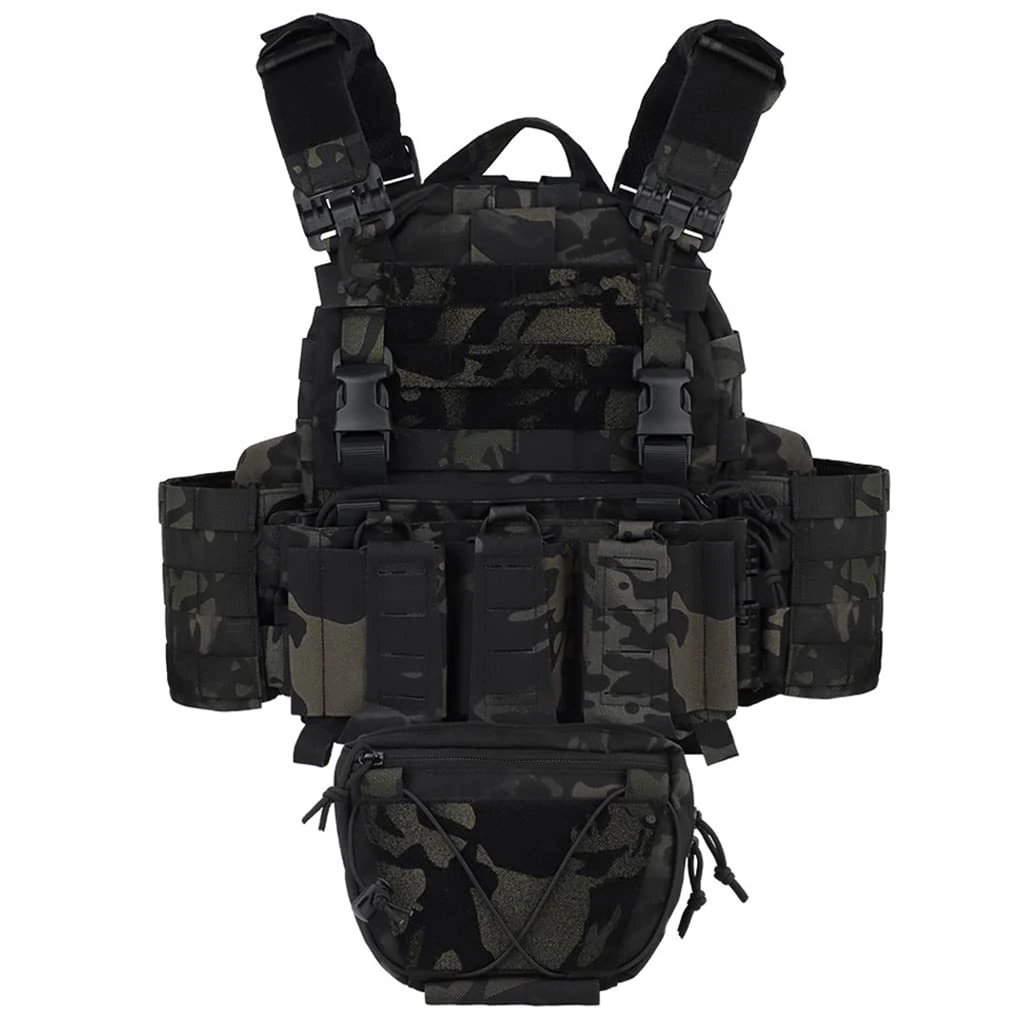 CZMYCBG Mens Airsoft Tactical Vest Adjustable 1000D Nylon Military Assault Vest with Magazine Pouch and Lower Hanging Bag for Outdoor Paintball Hunting Game,BCP