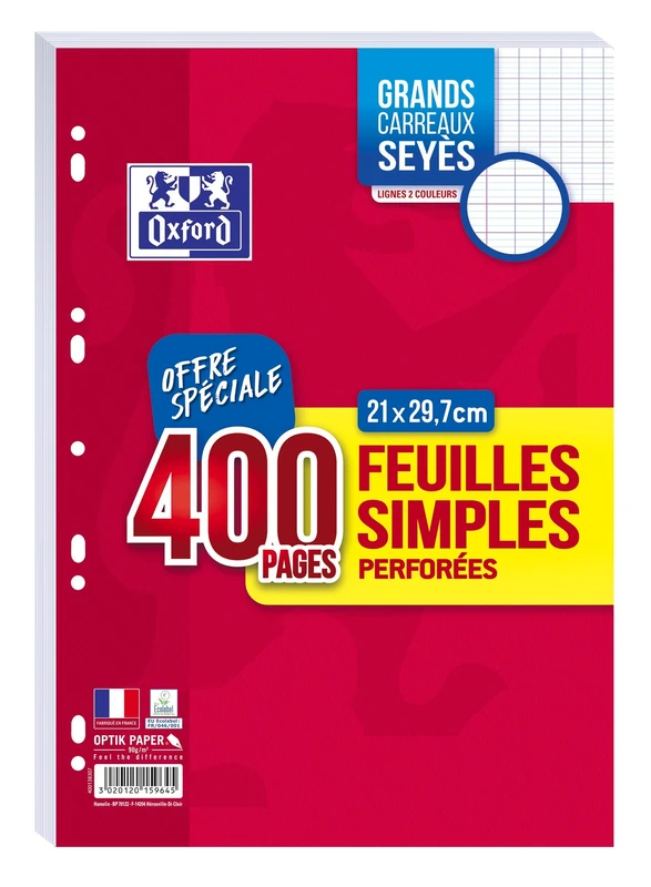 OXFORD Seyès Perforated Loose Sheets in Film Pack of 20 Packs of 400