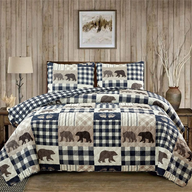 Market & Place 3 Piece Reversible Quilt Set with Sham | King Cabin Comforter Set | Rustic Bear Buffalo Check Lodge Bedding | Orson Collection (King, Navy/Taupe)