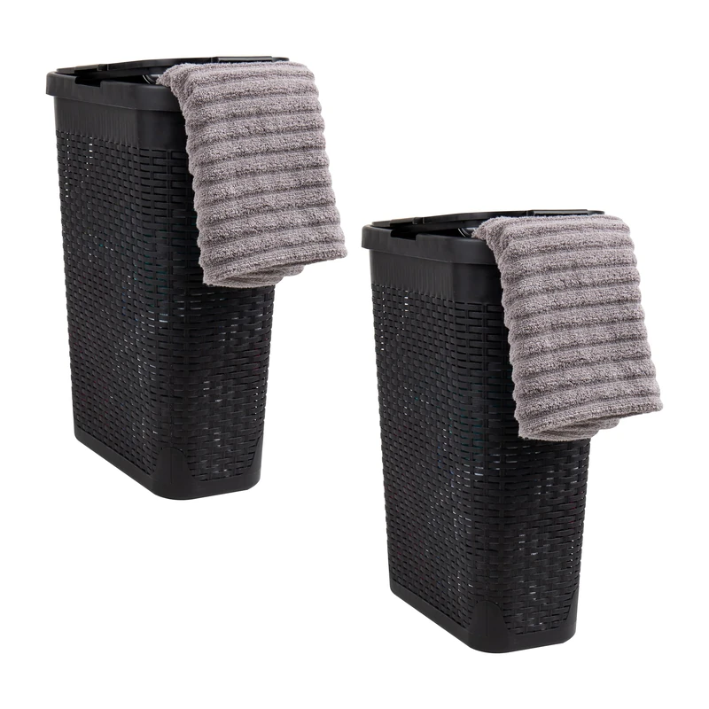 Mind Reader 40L Slim Laundry Hamper, Clothes Basket, Lid, Wicker Design, Plastic, 18"L x 10.4"W x 23.5"H, Set of 2, Black