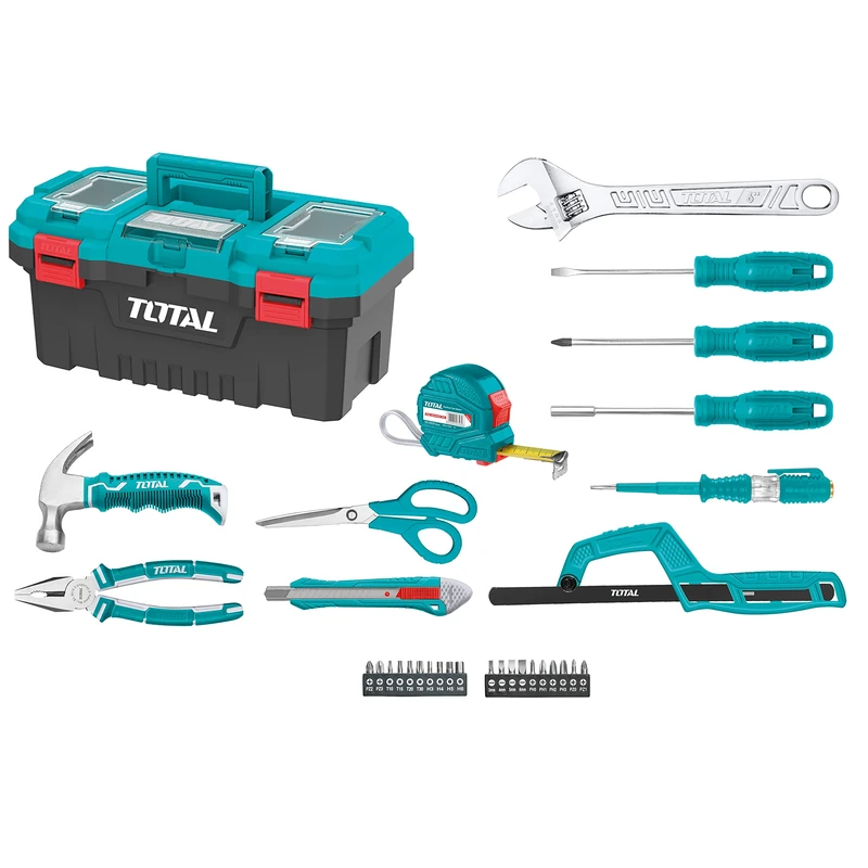TOTAL - Complete 32 Piece Tool Box - Pliers, Wrench, Screwdriver and Hammer with Nail Puller - Flexometer, Tips and Saw Bow - Voltage Tester - Case 17"