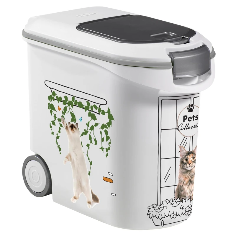 Curver Cat Food Container Pets Collection, Airtight Odour-Proof Storage Bin with Small and Large Lid Openings, Durable Design with Handles and Wheels for Easy Handling, 35L 12kg, White