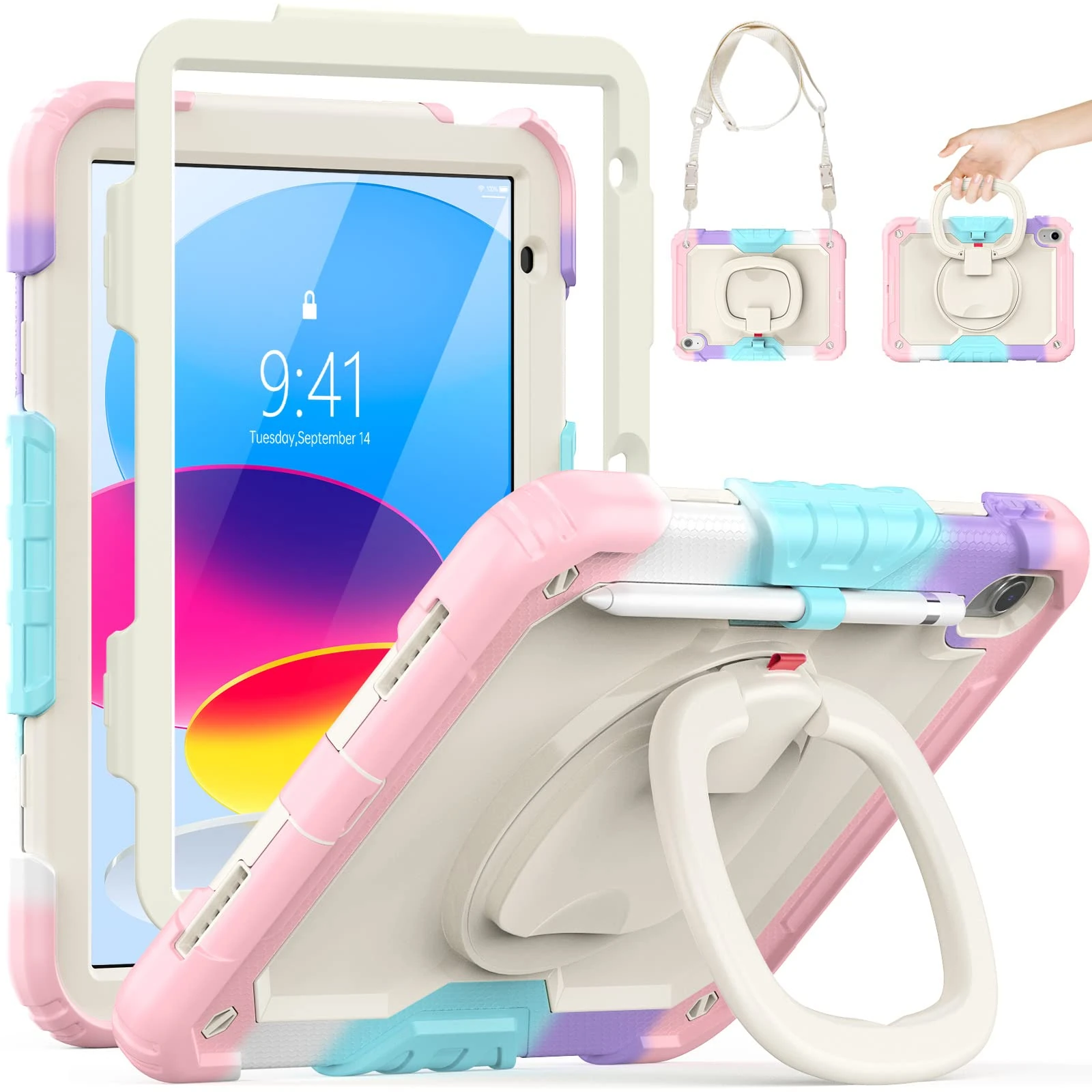 SEYMCY Kids Case for iPad (A16) 11th/10th Generation 11/10.9 inch 2025/2022, Full-body Shockproof with Screen Protector, 360° Rotating Handle Stand, Carrying Strap, Pencil Holder for iPad 11/10, Pink