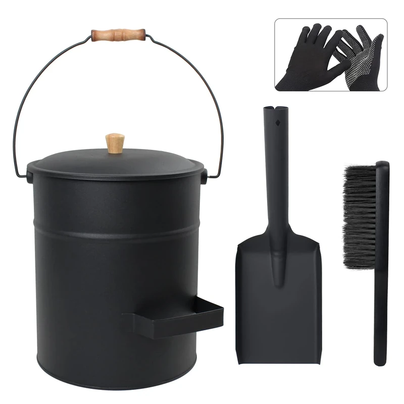 BRIAN & DANY 15L Ash Bucket Set - Lid, Shovel & Broom Fireplace