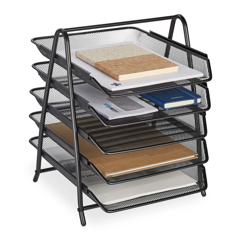 Relaxdays Document Tray, 5 Compartments, Filing System, Mesh, Letter Tray A4, HxWxD: 37.5 x 30 x 35.5 cm, Metal, Black