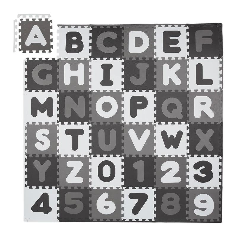 Relaxdays Puzzle Mat ABC and Numbers, 60 Pieces, Play Children, WXD: 172x172 cm, Non-Hazardous, Foam, White and Grey, 1x30x30 cm