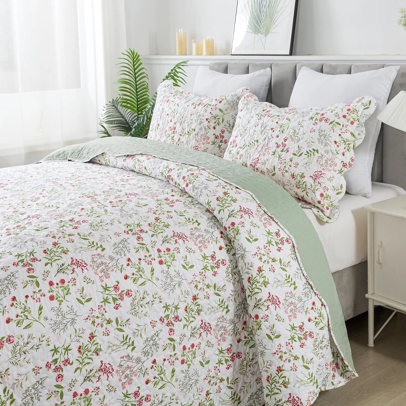 HoneiLife Queen Quilt Bedding Set - 3 Pieces Microfiber Quilt Sets Lightweight Bedspreads Reversible Coverlets Nature Bed Cover Floral Bedding Set Wildflower Quilts All Season Use