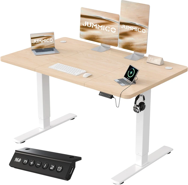 JUMMICO 120x60cm Electric Standing Desk with USB Charging Height Adjustable Desk with Sedentary Reminder Stand Up Desk with Splice Board for Home Office,Beige