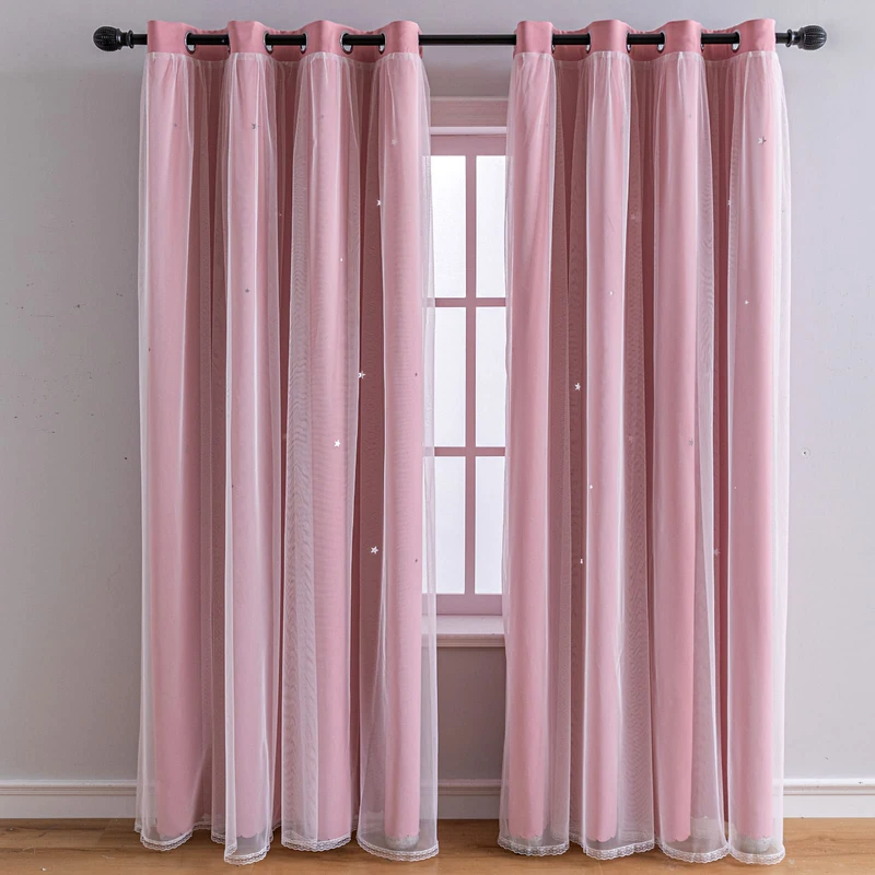 FANLI 2 Panels Star Blackout Curtains for Kid Girls Bedroom Living Room Darking Stripe Double Layer Star Cut Out Wall Home Decor Gradient Grommet Window Curtains (Pink 95L)