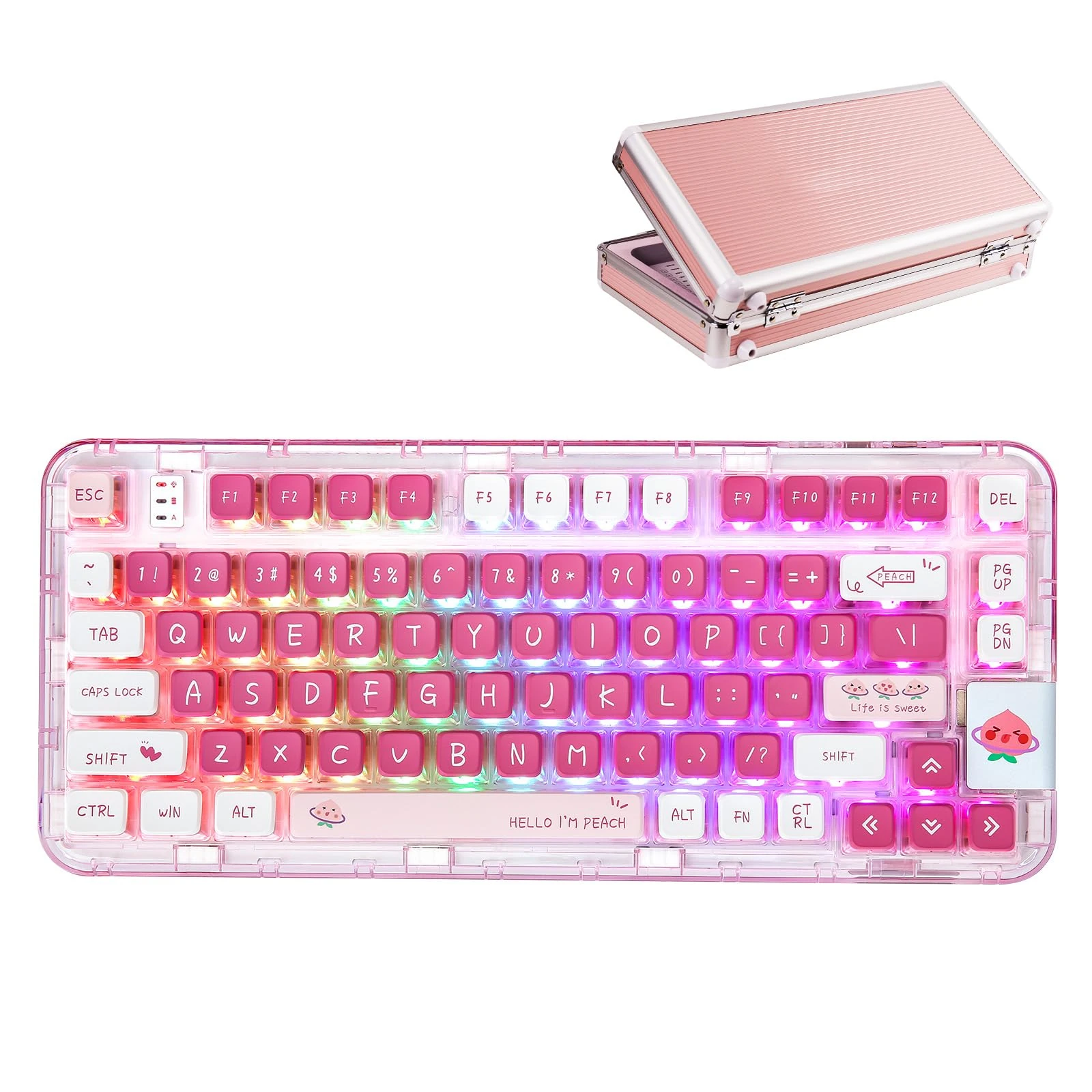 YUNZII CK75 Gaming Keyboard, Wireless Hot Swappable Mechanical Keyboard for Gaming, Home, Transparent Gasket Mounted Keyboard for Windows, Mac(Meow Switch,Peach Pink and Metal Box)
