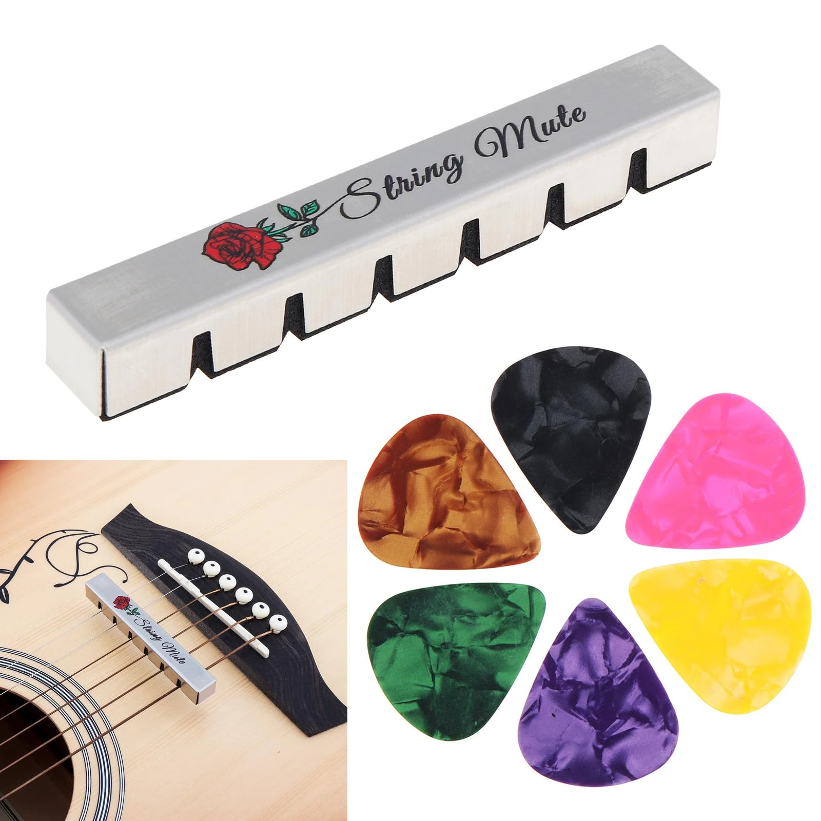 MuzcYM Guitar Mute & String Dampener with 6 PCS Celluloid Guitar Picks Acoustic Classical Practice Accessories Combo for Noise Reduction & Vintage Tone, 6 String Instrument Silent Practice Set