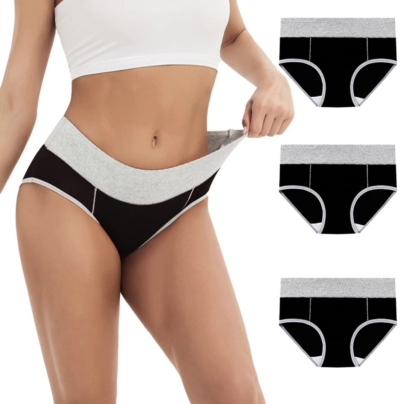 marysgift Underwear Women High Waist Cotton Knickers Black Ladies Panties Full Coverage Briefs Underpants Plus Size 3 Pack (E01,3XL UK 12 14)