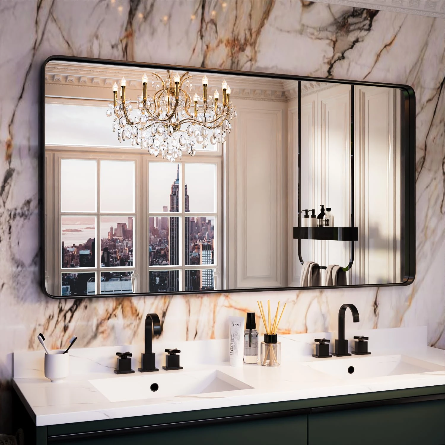 Yamazakura Black Bathroom Mirror, 55x30 Inch Rectangle Matte Metal Modern Decorative Large Vanity Mirror for Wall (Horizontal/Vertical)