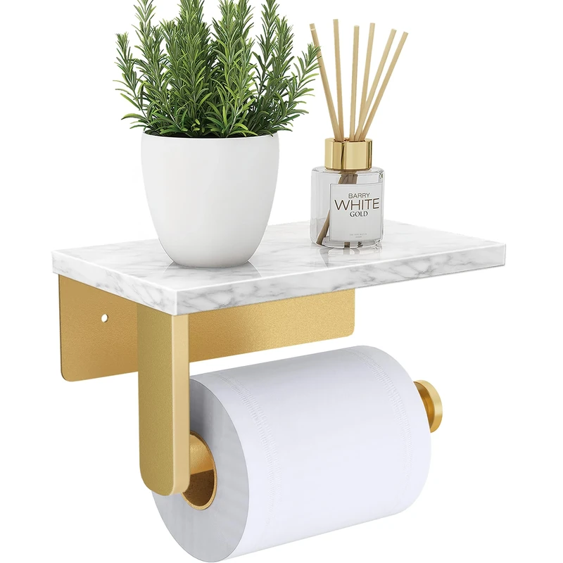Toilet Roll Holder Wall Mounted, Gypie 304 Stainless Steel Toilet Paper Holder with Marble Shelf, Rustproof Matt Gold Tissue holder for Bathroom