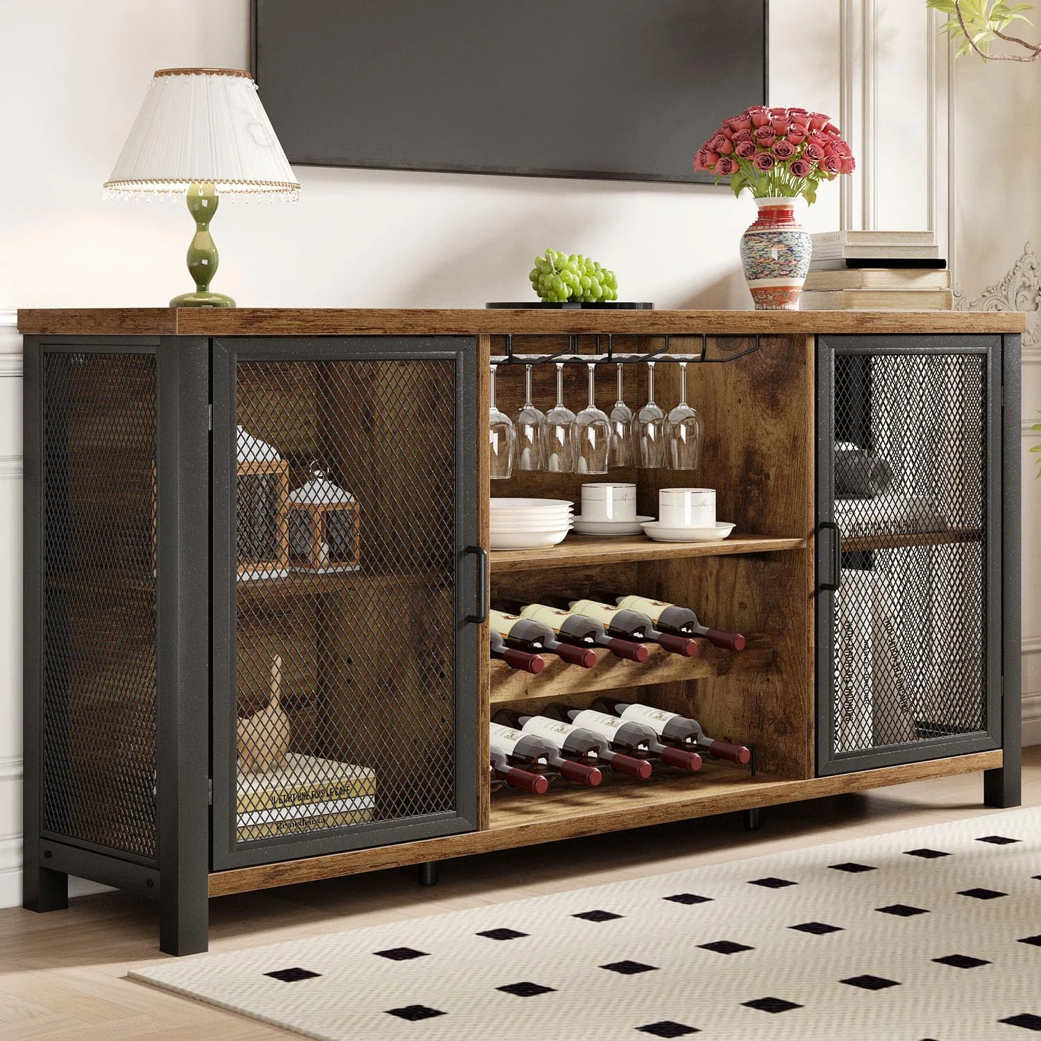 Launica Industrial Coffee Bar Cabinet, Wine Bar Cabinet for Liquor and Glasses, Liquor Cabinet with wine Rack Storage, Wood Metal Sideboard Buffet Cabinet for Home Kitchen Dining, Rustic Brown 140cm