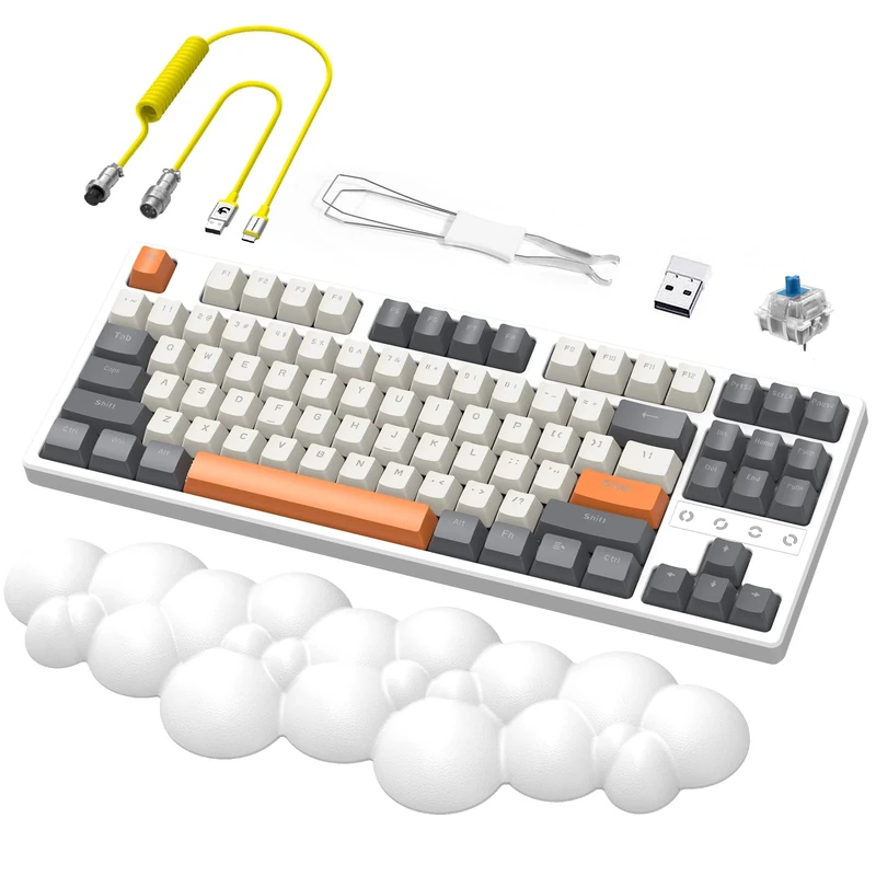 MAMBASNAKE K87 TKL Hot Swappable Wireless Mechanical Gaming Keyboard Custom Coiled USB C Cable,Triple Mode 2.4Ghz/Bluetooth 5.0/Wired, Blue Switches 20 RGB Backlit 3000mAh Battery+ Keyboard Palm Rest