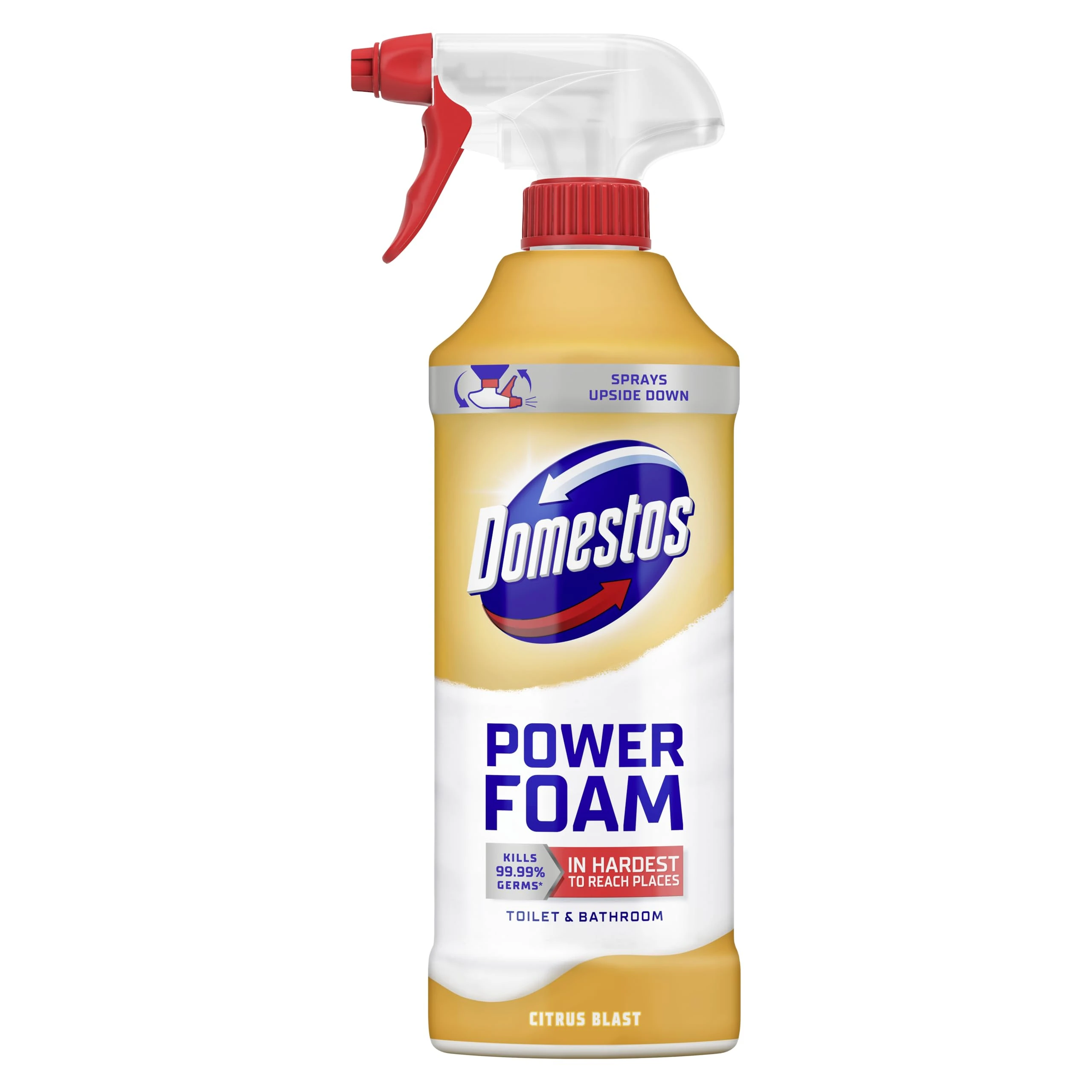 Domestos Power Foam Citrus Blast Toilet & Bathroom Cleaner Spray sprays upside down & eliminates 99.99% of germs* for cleaning inside the toilet & around the bathroom 450 ml