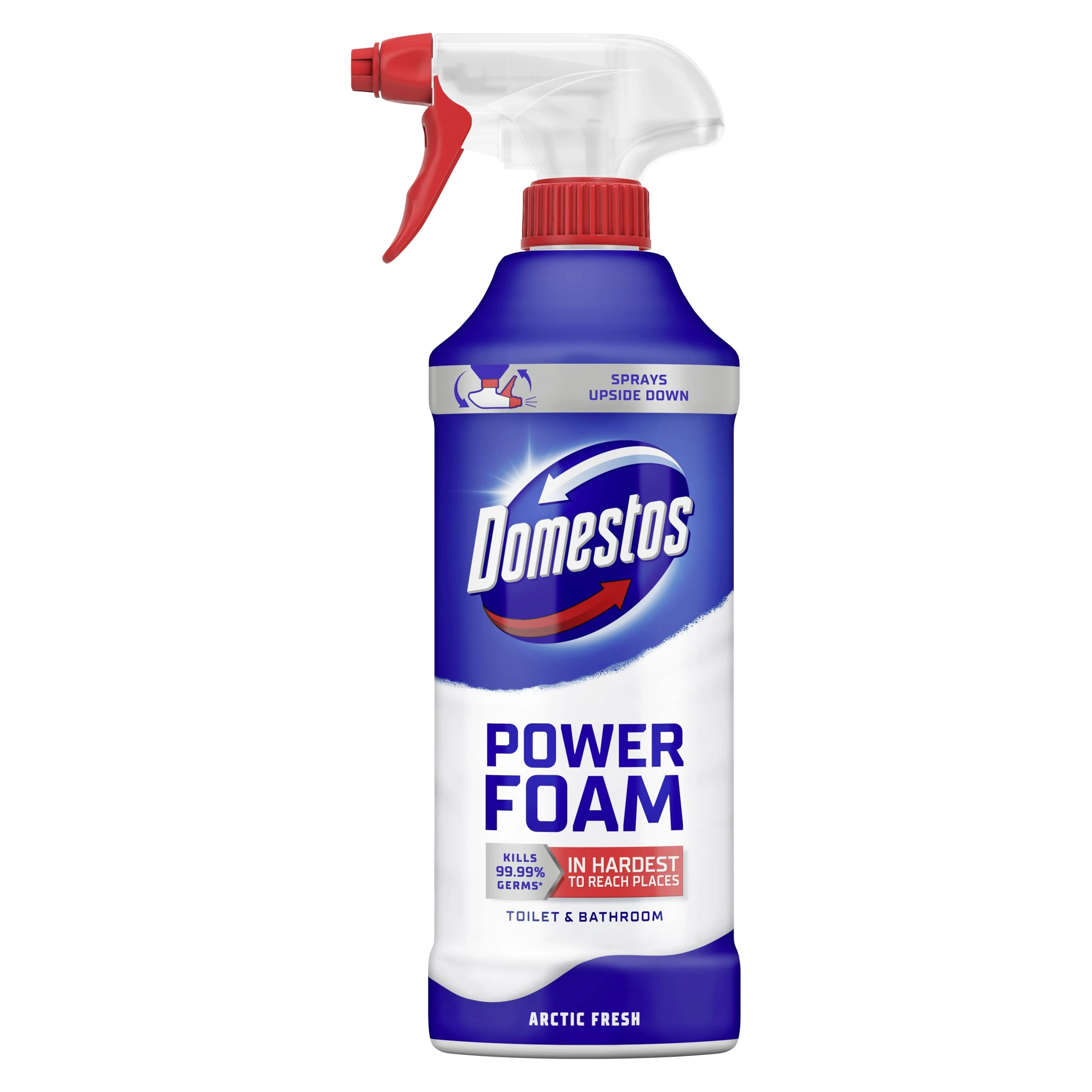 Domestos Power Foam Arctic Fresh Toilet & Bathroom Cleaner Spray sprays upside down & eliminates 99.99% of germs* for cleaning inside the toilet & around the bathroom 450 ml