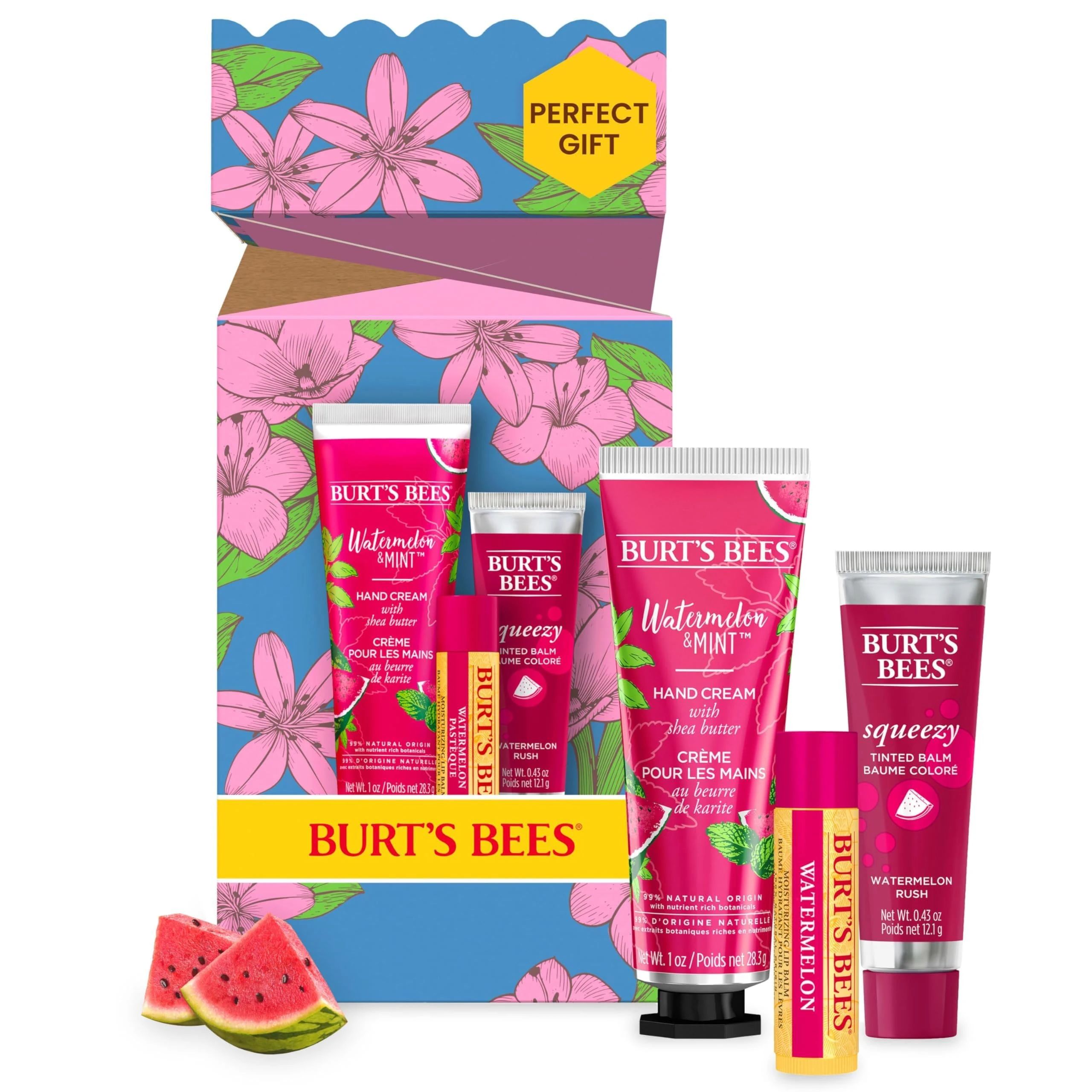 Burt's Bees Gift Set, Watermelon Hand Cream, Lip Balm & Squeezy Tinted Lip Balm, You're One In A Melon Limited Edition