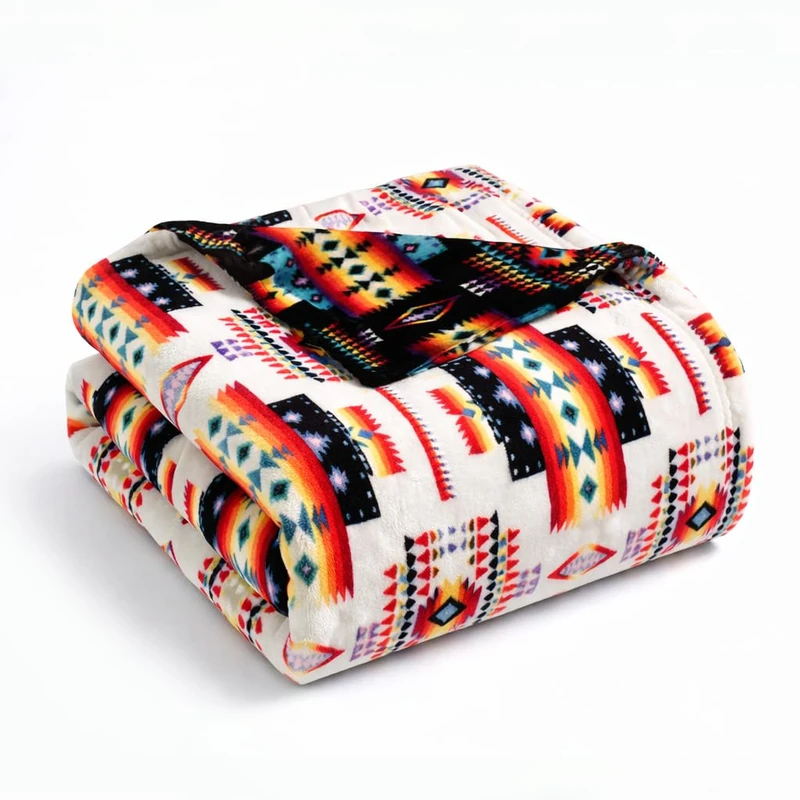 Sacred Thread Aztec Blanket Fleece, Reversible Native American Blanket, Western Throw, Native American Western (White Flannel), Full (60”x80”)