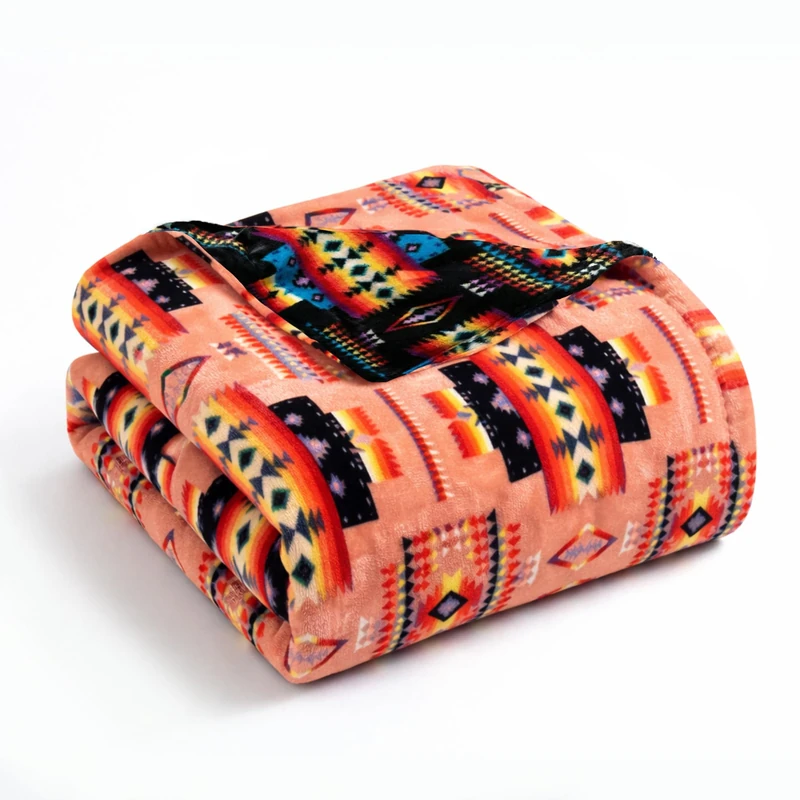 Sacred Thread Aztec Blanket Fleece, Reversible Native American Blanket, Western Throw, Native American Western (Peach Flannel), King (87”x95”)