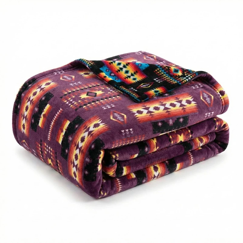 Sacred Thread Aztec Blanket Fleece, Reversible Native American Blanket, Western Throw, Native American Western (Purple Flannel), King (87”x95”)
