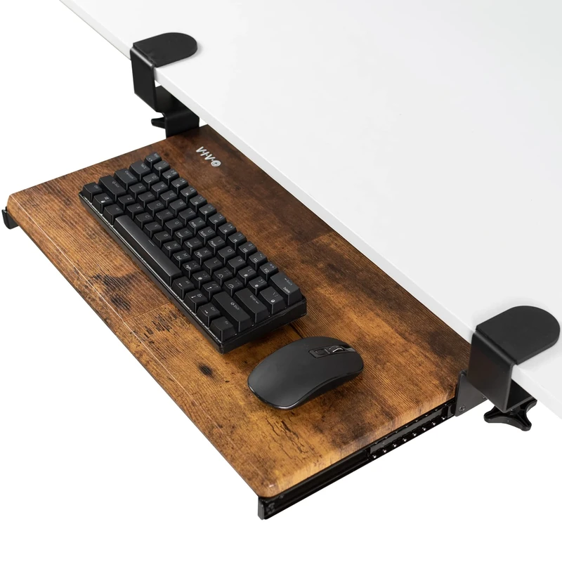 VIVO Small Keyboard Tray, Under Desk Pull Out with Extra Sturdy C Clamp Mount System, 20 (26 with Clamps) x 11 inch Slide-Out Platform Drawer, Rustic Vintage Brown Top, Black Frame, MOUNT-KB05ES-N