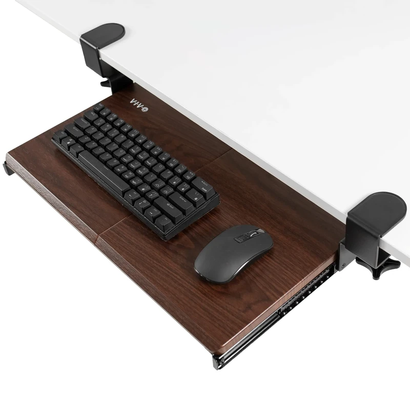 VIVO Small Keyboard Tray, Under Desk Pull Out with Extra Sturdy C Clamp Mount System, 20 (26 Including Clamps) x 11 inch Slide-Out Platform Drawer, Dark Walnut Top, Black Frame, MOUNT-KB05ES-D