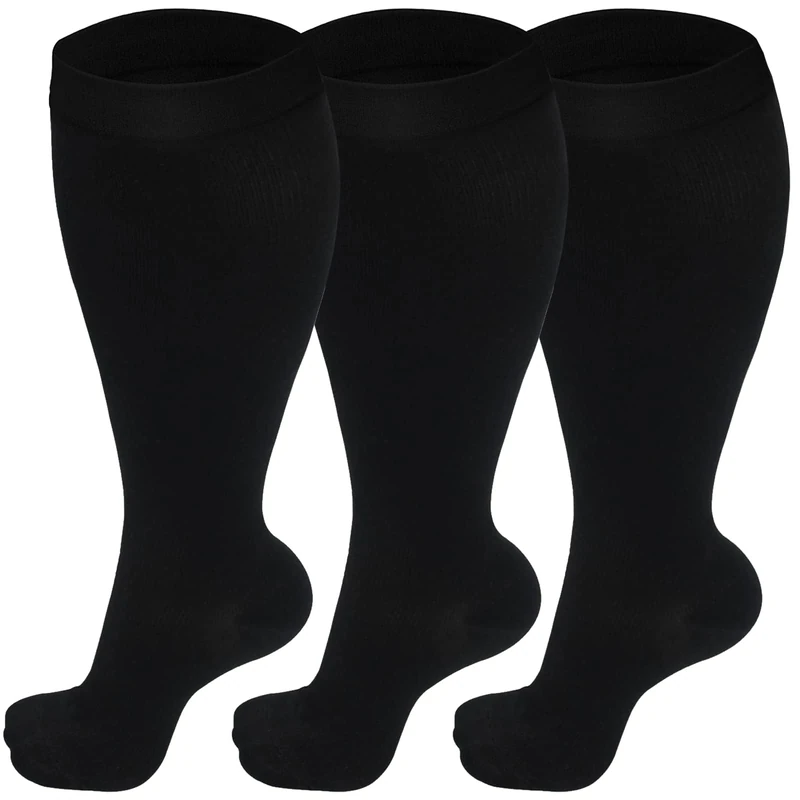 3 Pairs Plus Size Compression Socks (20-30 mmHg) for Women & Men, Wide Calf Extra Large Calves Knee High Flight Stockings for Pregnancy, Nurses, Seniors (3XL)