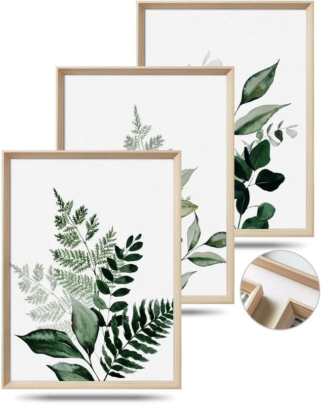 UPWOIGH Framed Green Wall Art (No Plexiglass), Olive Leafs Canvas, 12x16in Botanical Wood Bohemia Sage Decor Prints for Bathroom Bedroom, Plant Neutral Artworks Set of 3