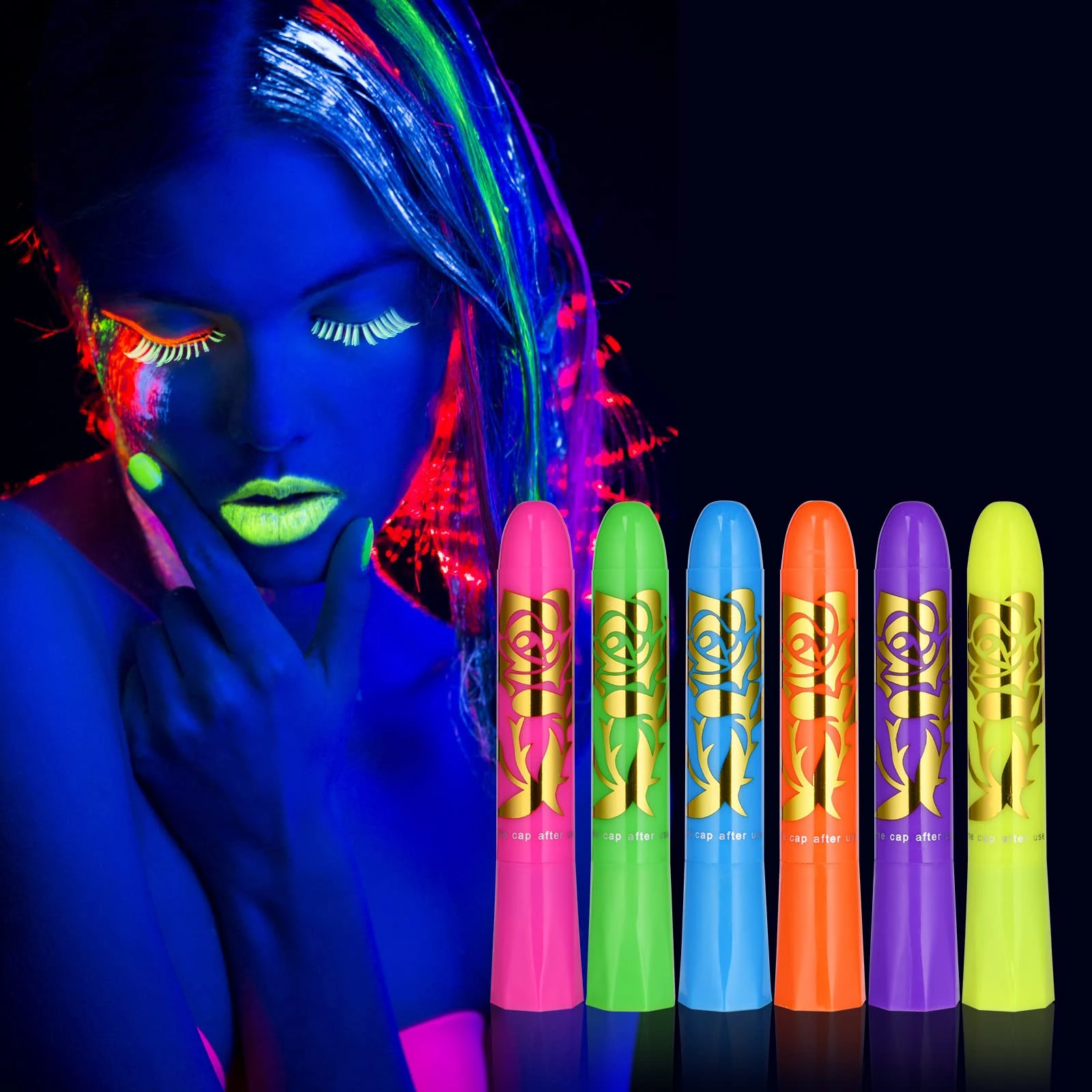 AOOWU Glow UV Neon Glow Face Paint Crayons Kit, 6 Colors Safe Non-Toxic UV Glow Neon Face and Body Crayons for Adults Halloween Makeup Party Cosplay - Fluorescent Brightest Glow under UV!