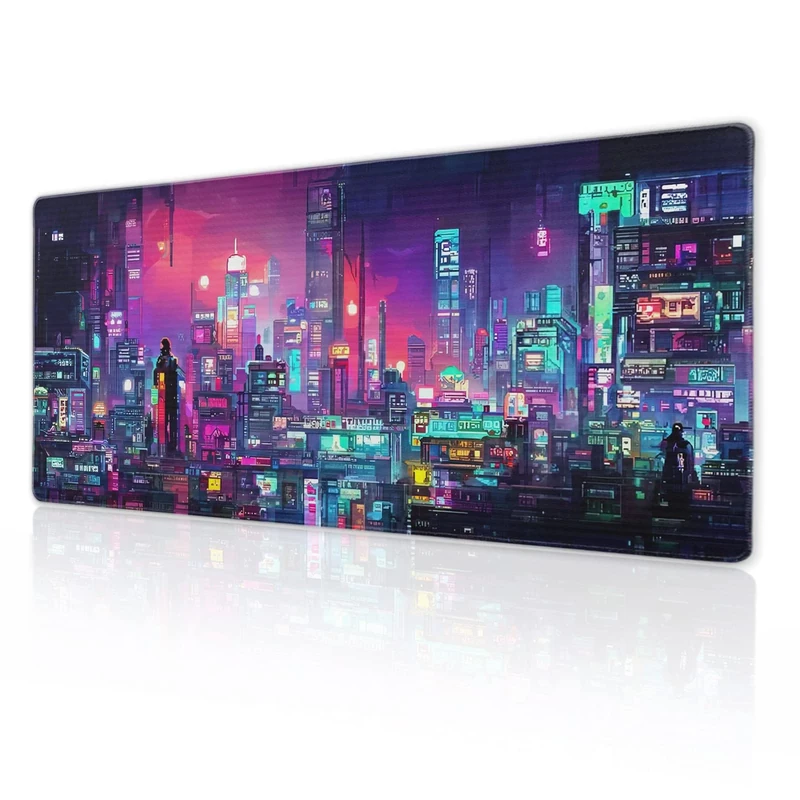 aportt Retro Japanese Anime Gaming Mouse Pad XL Cool Dark Purple Red Vaporwave City Extended Large Desk Mat Big Mousepad Non-Slip Rubber Base Stitched Edge Long for Desktop Computer,31.5×11.8 in