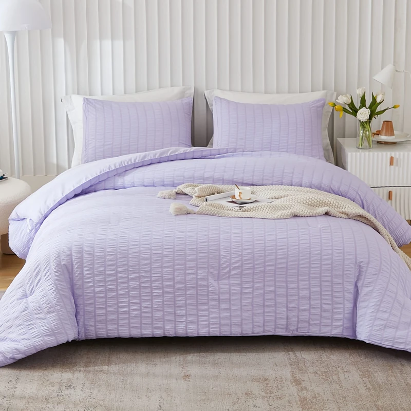 AveLom Lavender Purple Seersucker Queen Comforter Set(90x90 inches),3 Pieces-100% Soft Washed Microfiber Lightweight Comforter with 2 Pillowcases, All Season Down Alternative Comforter Set for Bedding