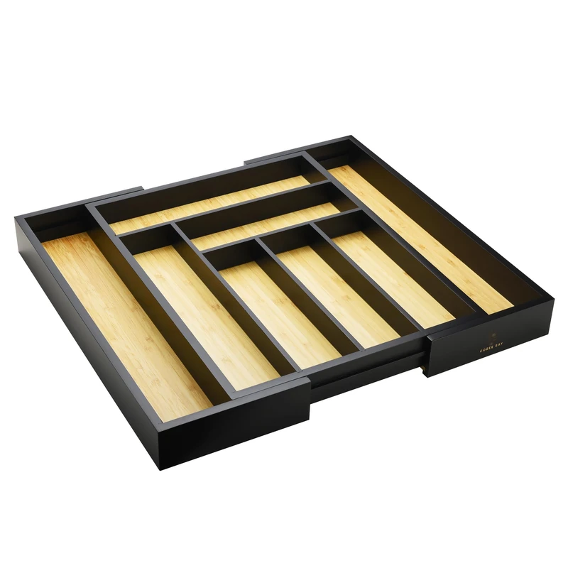 Cozee Bay Bamboo drawer organizer, utensil holder, silverware organizer, and adjustable cutlery tray with drawer dividers, for kitchen, office desk, and bathroom storage (Black)