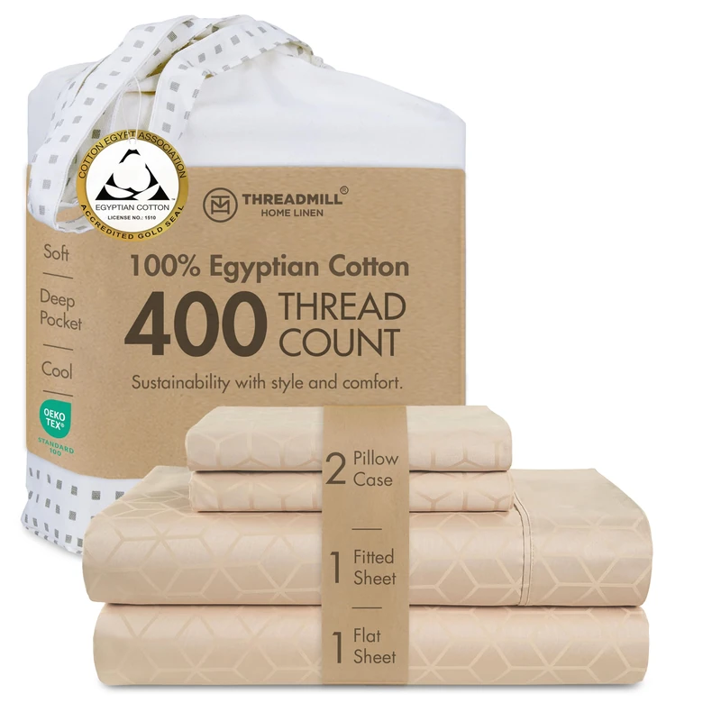Threadmill Egyptian Cotton Sheets for King Size Bed | 100% Certified Egyptian Cotton King Bed Sheets Set | Snug Fit Elastic Deep Pocket King Sheets Soft, Breathable Damask Jacquard | Beige