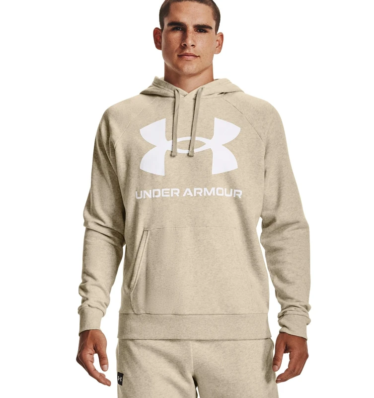 Under Armour Men's Rival Cotton Blend Raglan Lightweight Fleece Hoody, Khaki Base Light Heather (289)/Onyx White, L Tall