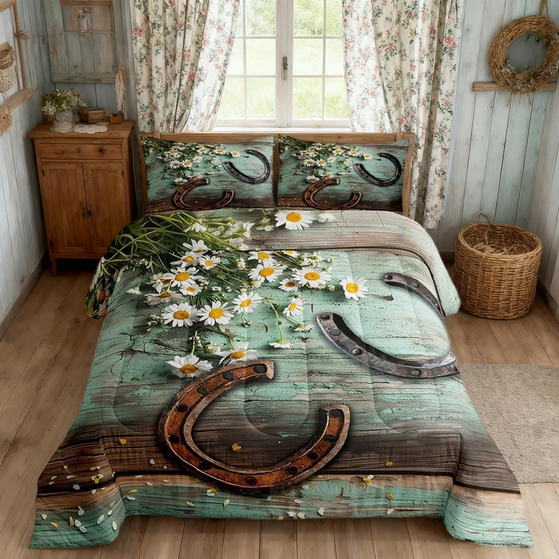 Rustic Farmhouse Comforter Set King Size Horseshoe Western Cowboys Quilt Set Daisy Flowers Countryside Bedding Set 3pcs for Kids Teens Adults Room Decor Romantic Cyan Duvet Insert,2 Pillowcases