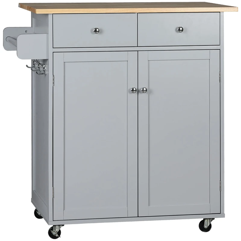 HOMCOM Rolling Kitchen Island on Wheels Rubber Wood Top Towel Rack Grey