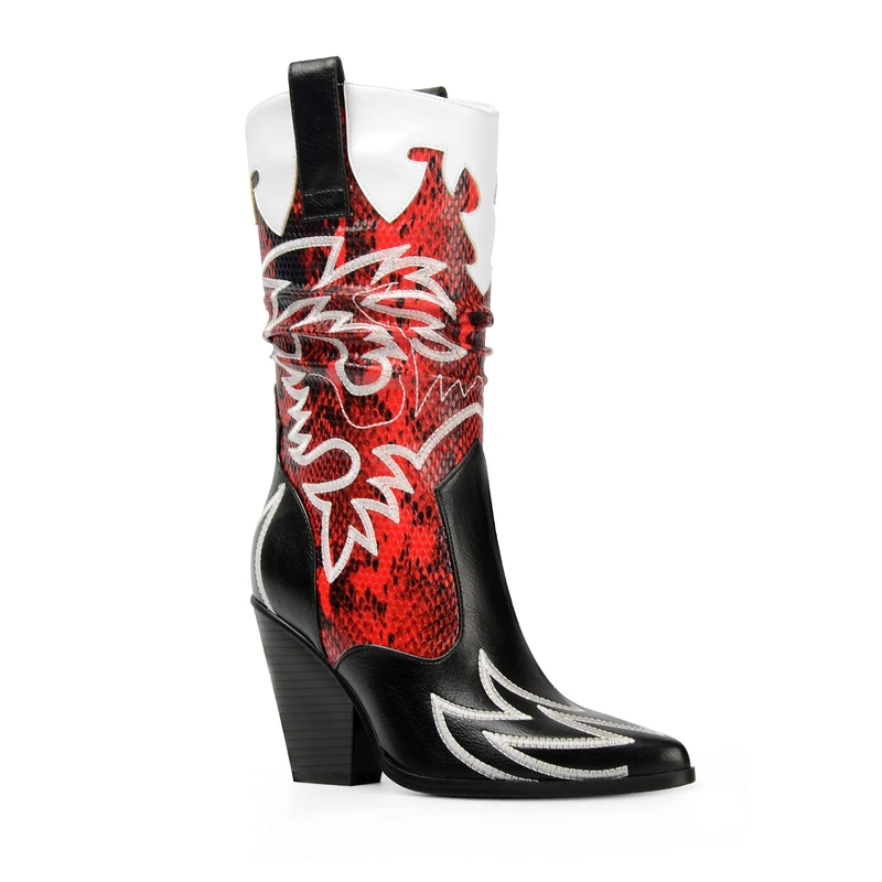 ANN CREEK Women's Contrast Cowboy Boots Cowgirl Mid Calf Boots, Black and Red, 6 UK - Image 1