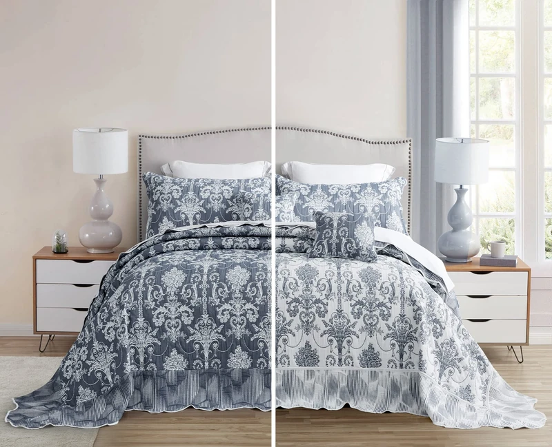 Blythease Oversized King Bedspread 128x120, Jacquard Damask, Blue Gray