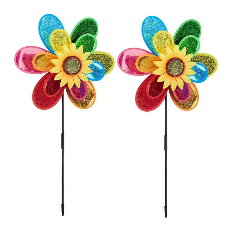 Relaxdays Flower Windmill, in a Set of 2, Decorative Garden Pinwheel, Wind Spinner for Adults & Children, Multicoloured