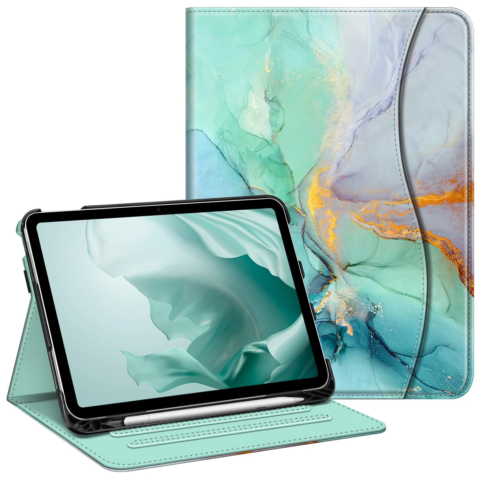 FINTIE Case for iPad (A16) 11th Generation 11 Inch (2025), iPad 10th Generation 10.9 Inch (2022), Multi-Angle Viewing Stand Cover w/Pencil Holder & Pocket, Auto Sleep/Wake, Emerald Marble