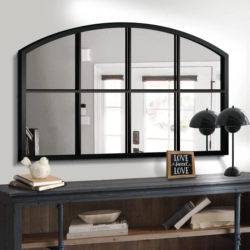 WAMIRRO Wide Window Pane Black Mirror,Farmhouse Arched Wall Mirrors,Grid Mirrors for Fireplace/Entryway/Hallway/Living Room,42“X28” (Black Wide Mirror)