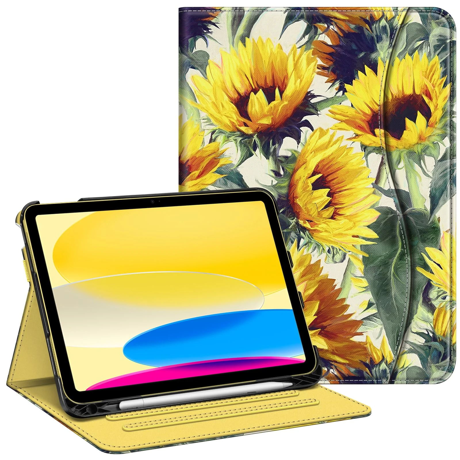 FINTIE Case for iPad (A16) 11th Generation 11 Inch (2025), iPad 10th Generation 10.9 Inch (2022), Multi-Angle Viewing Stand Cover w/Pencil Holder & Pocket, Auto Sleep/Wake, Sunflowers