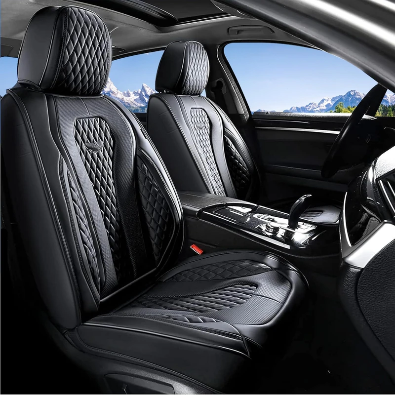 Coverado Leather Seat Covers, Waterproof Luxury Leatherette Car Seat Cushions for Front Seats 2PCS, Stylish Seat Protectors Auto Accessories Universal Fit Most Sedans, SUVs and Trucks, Pure Black