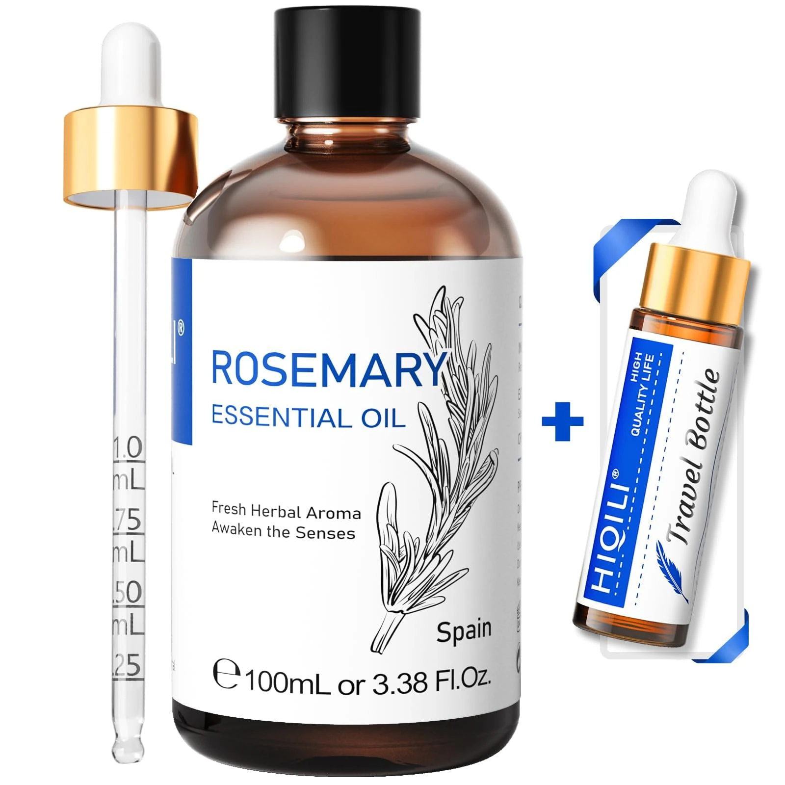HIQILI Rosemary Essential Oil, 100% Pure Natural Therapeutic Grade, Use for Hair, Skin, Diffuser, Included a Travel Bottle - 100 ML