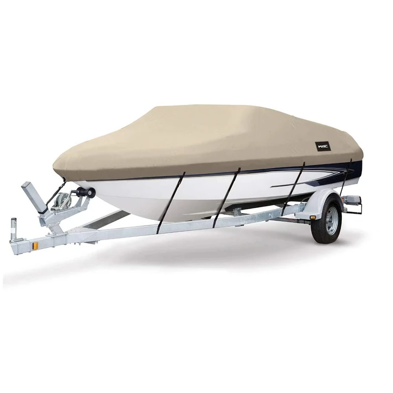 MSC Heavy Duty 600D Marine Grade Polyester Canvas Trailerable Waterproof Boat Cover,Fits V-Hull,Tri-Hull, Runabout Boat Cover (Beige, Model AA - Length:12'-14' Beam Width: up to 68")