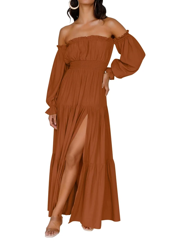 ZESICA Women's 2025 Boho Sexy Off Shoulder Long Sleeve Smocked High Waist Side Split Flowy A Line Tiered Long Maxi Dress, Caramel, M