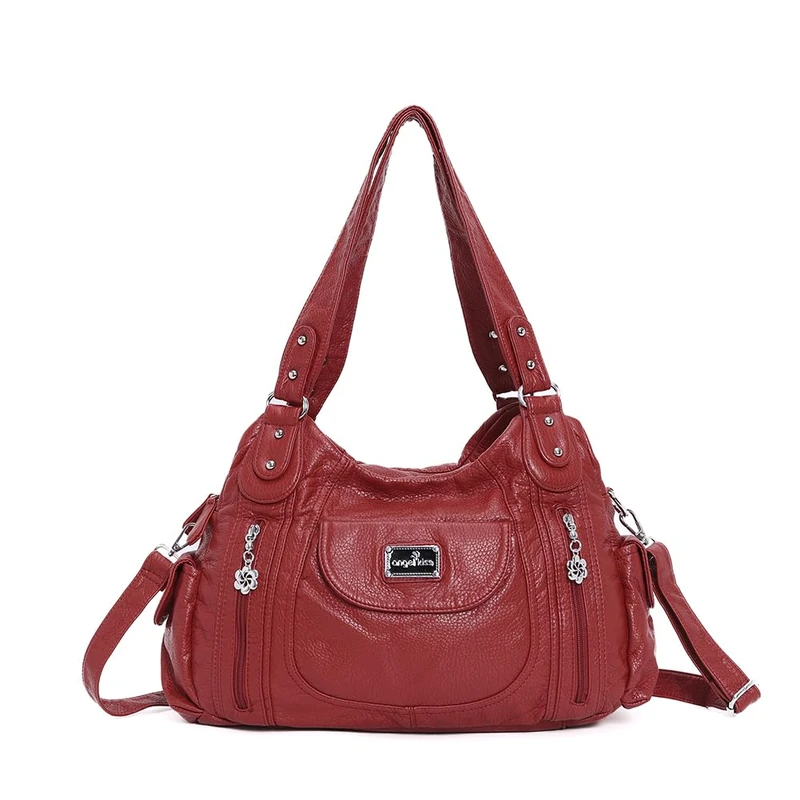 Angel Kiss Women Handbags Shoulder Bags Washed Leather Satchel Tote Bag Mutipocket Hobo Purse, 93#red - Image 1