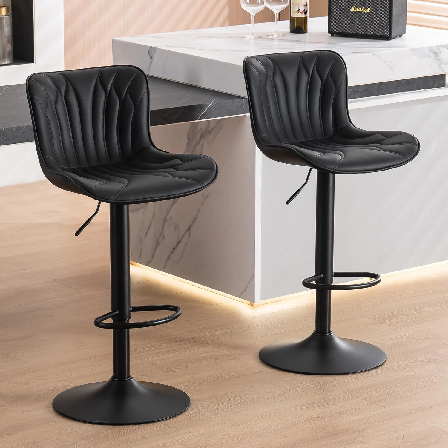 Kidol & Shellder Bar Stools Set of 2 Swivel Barstools Faux Leather Adjustable Soft Cushion Wing Back Counter Stools, Black, 3-5 Mins to Assemble, Loads 300lbs